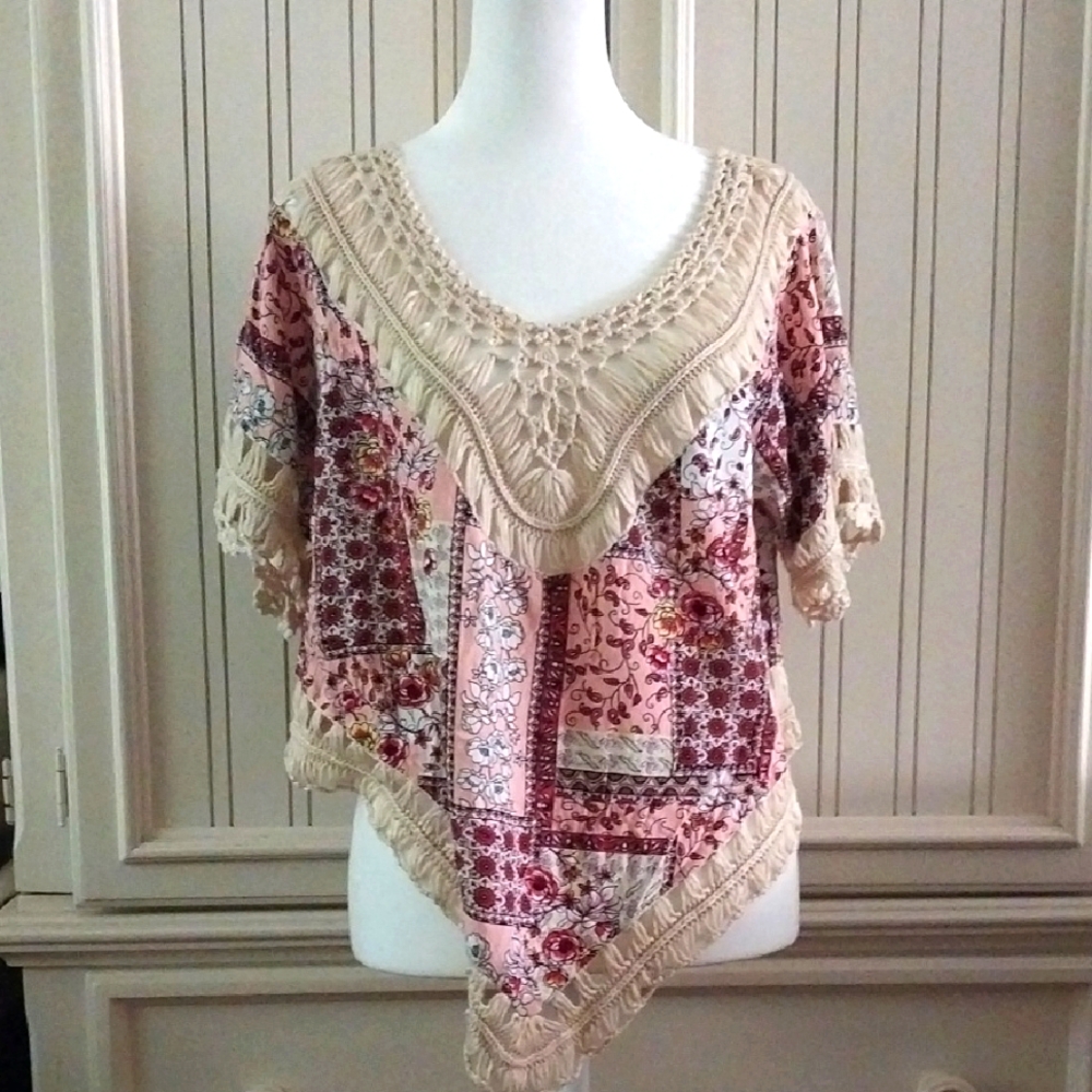 Festival It Gal Bohemian Crochet Trim Patchwork Fringe Top Size L